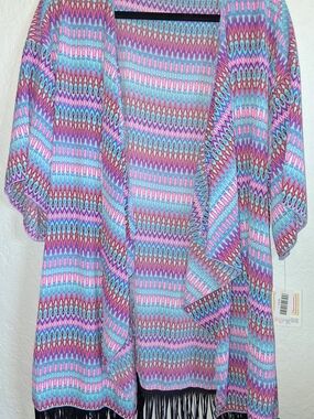 LuLaRoe Monroe L Multicolor Geometric Fringe Long Short Sleeve Kimono Jacket NWT